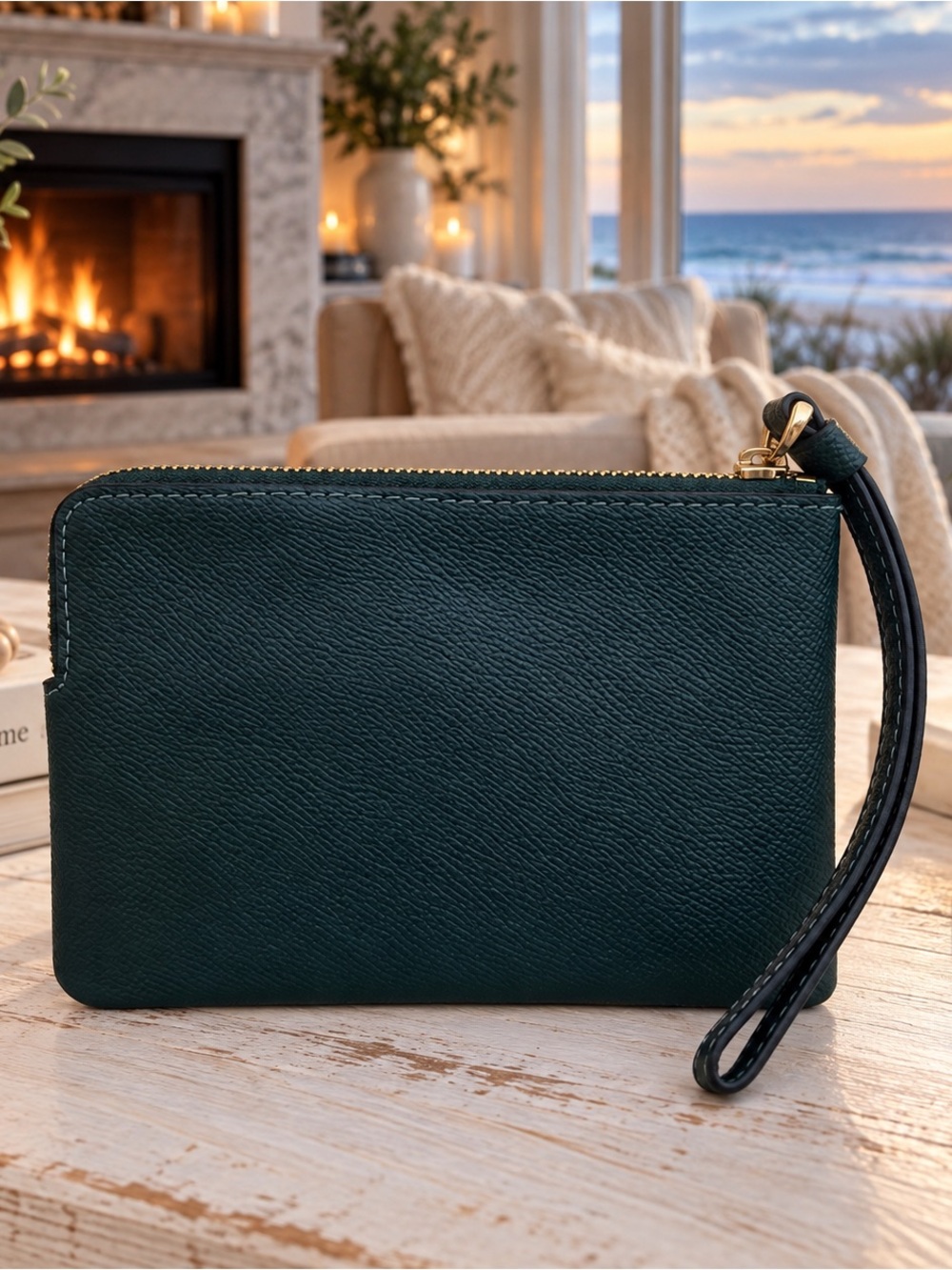 COACH Dark Green Pebbled Leather Wristlet with Gold Logo - Picture 2 of 3